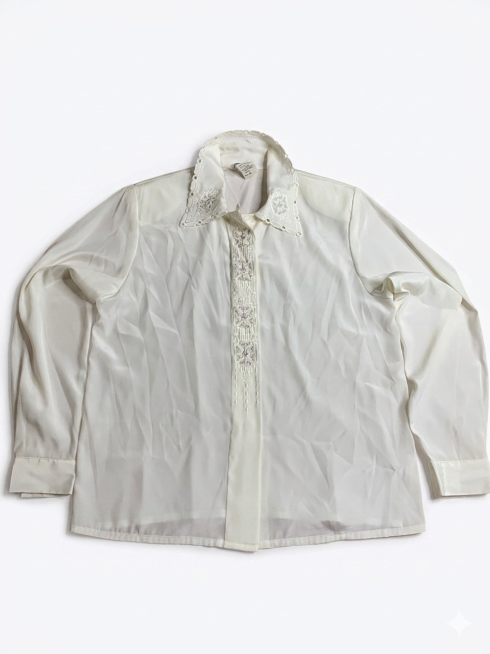 Vintage Elite International White Satin Blouse with Embroidered Collar Size 12